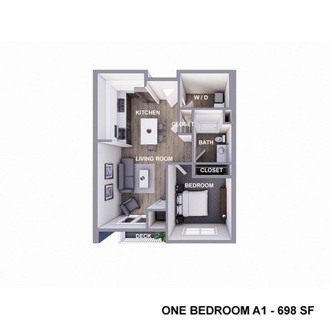 Floor plan for 1 bed, 1 bath, 715 sqft